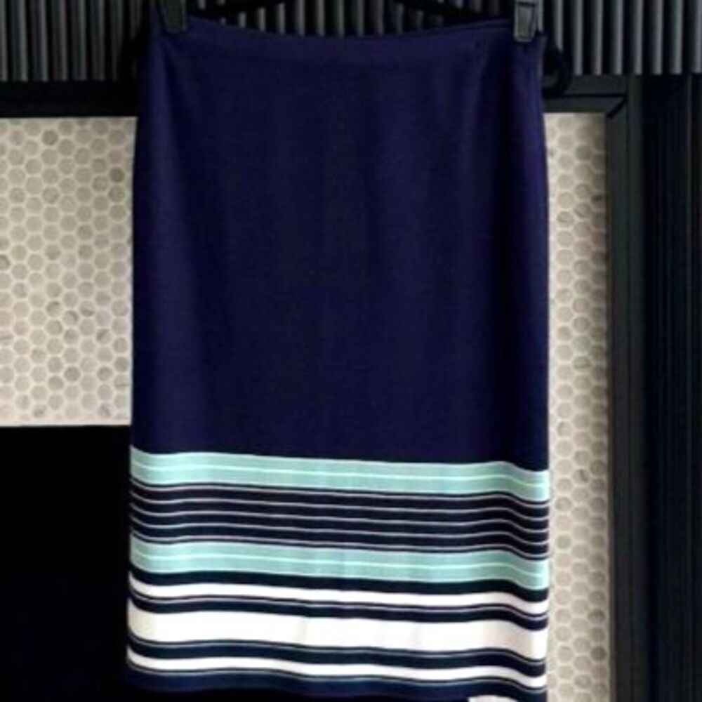 Max Studio Striped Pencil Skirt M Navy Mint Green Knit Stretch Layering Fall